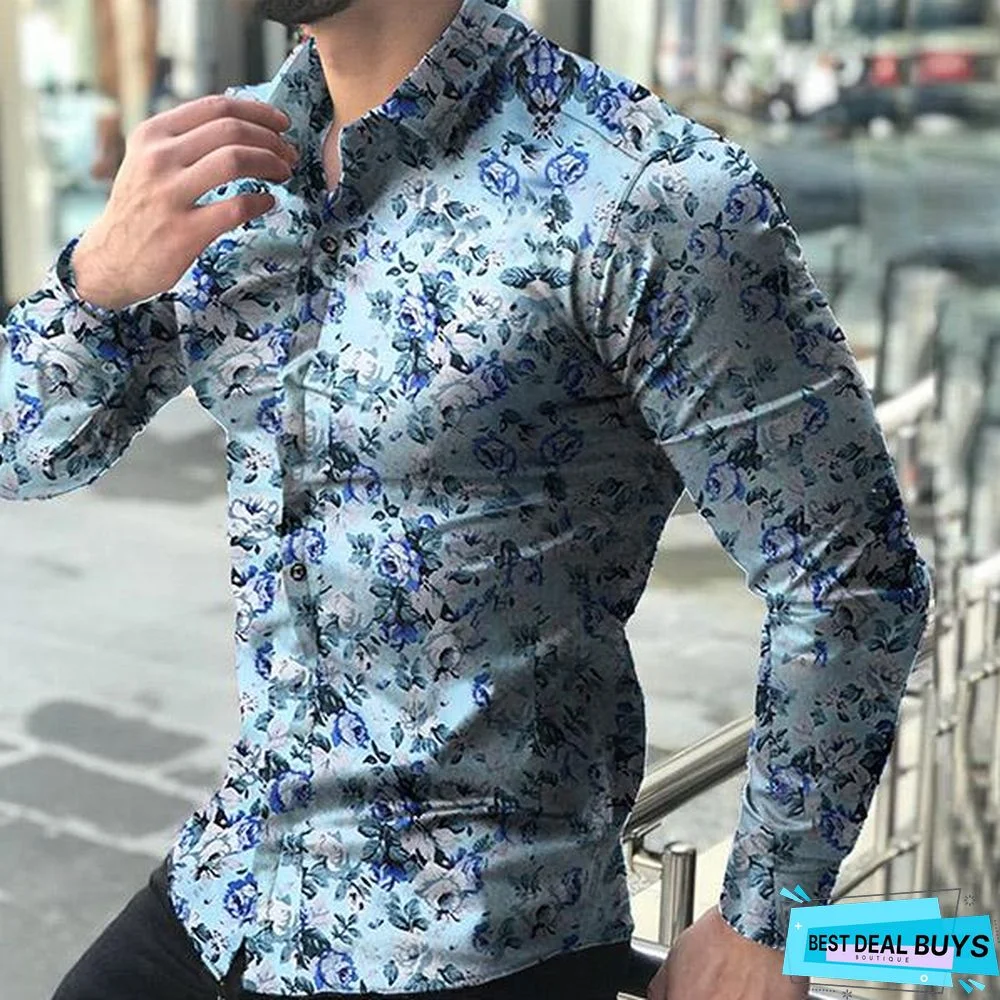 Men Fashion Spring Autumn Long Sleeve Floral Printed Shirts