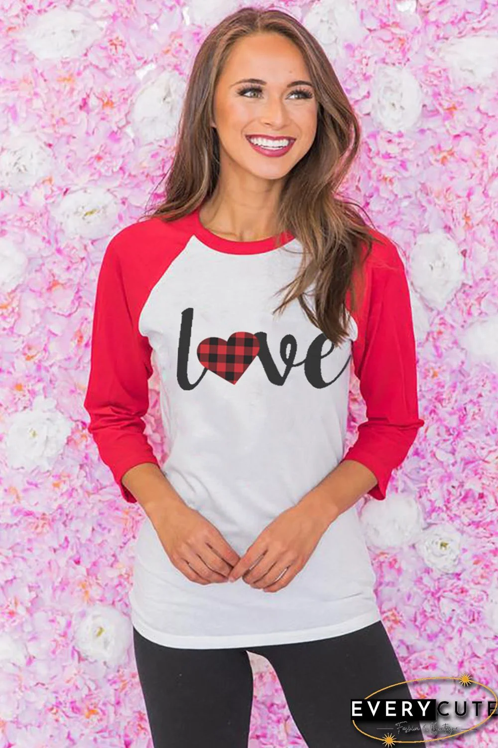 Red Love Plaid Heart Color Block 3/4 Sleeve Top