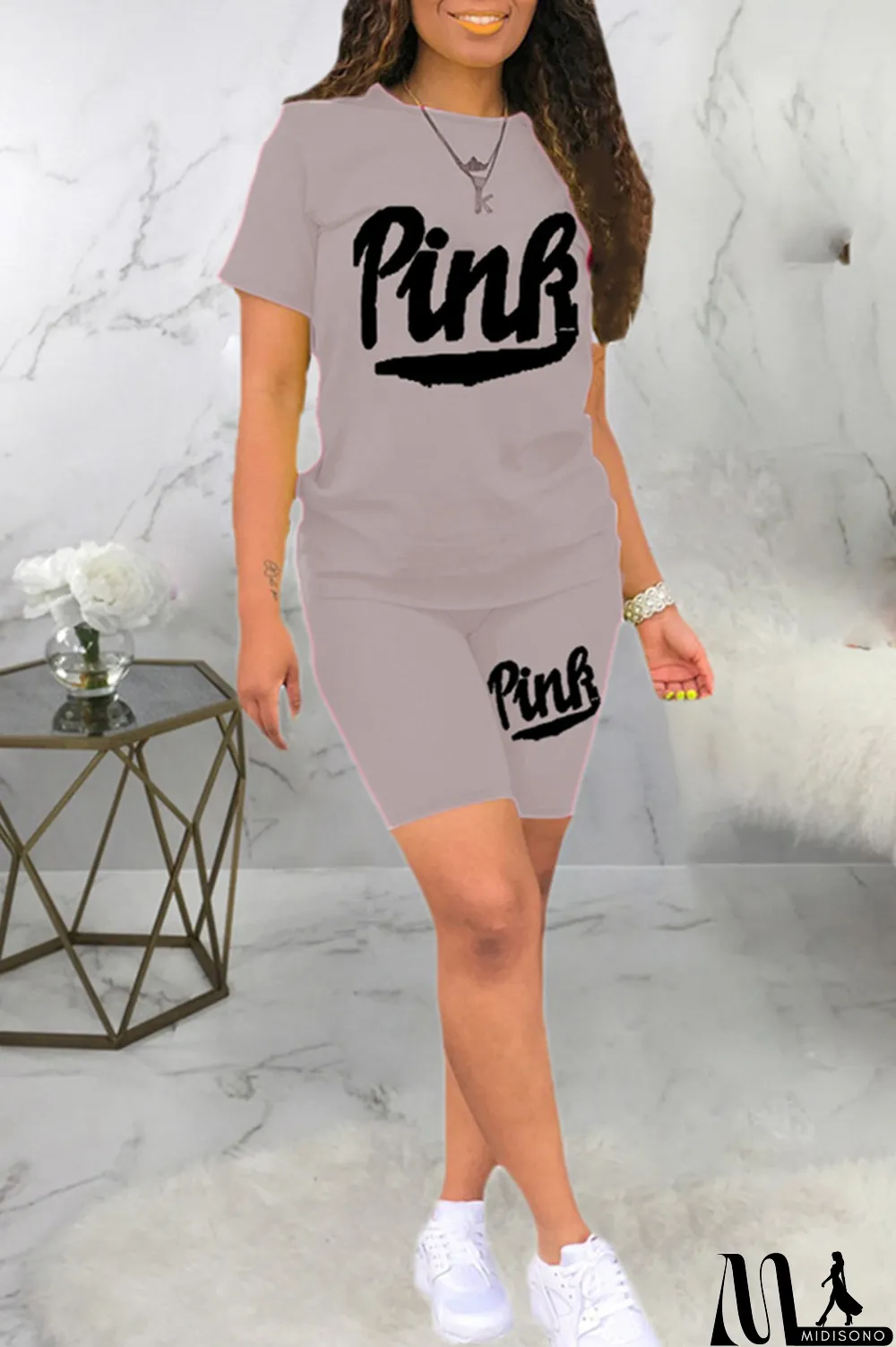 MidiSono - Black Fashion Casual Letter Print Basic O Neck Short Sleeve Two Pieces