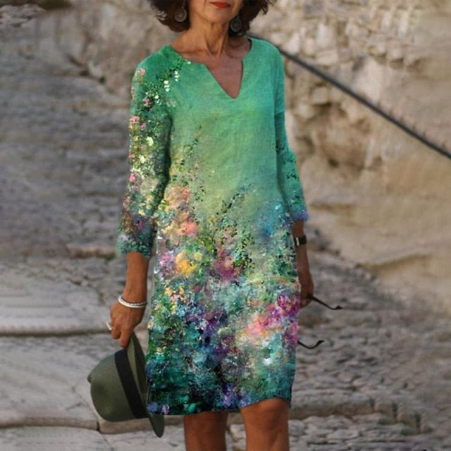 2021 New Woman Vintage Floral Print Dress Summer Fashion Slim V-Neck Half Sleeve Midi Dresses Female Elegant A-Line Beach Dress Lanfubeisi