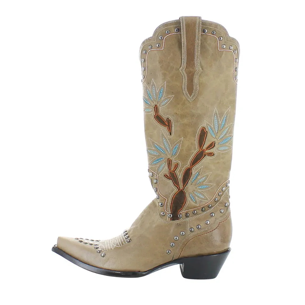 Khaki Cactus Inlay Studded Snip Toe Embroidered Cowgirl Boots