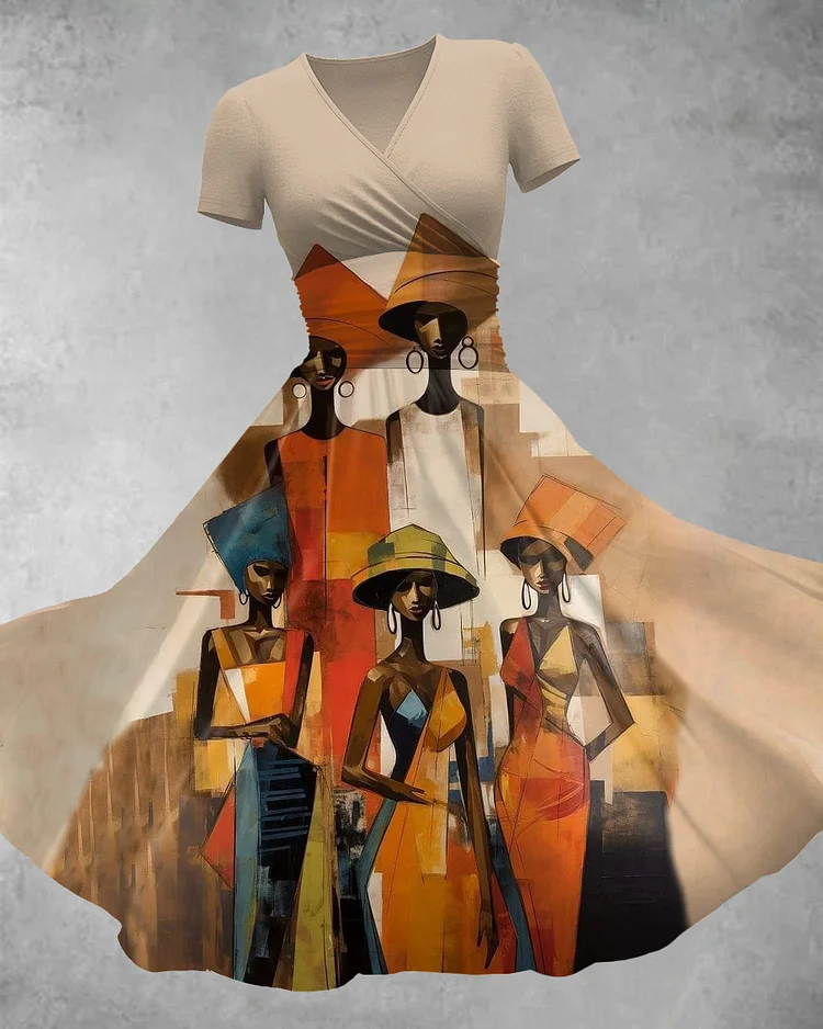 V Neck Black Women Art Maxi Dress