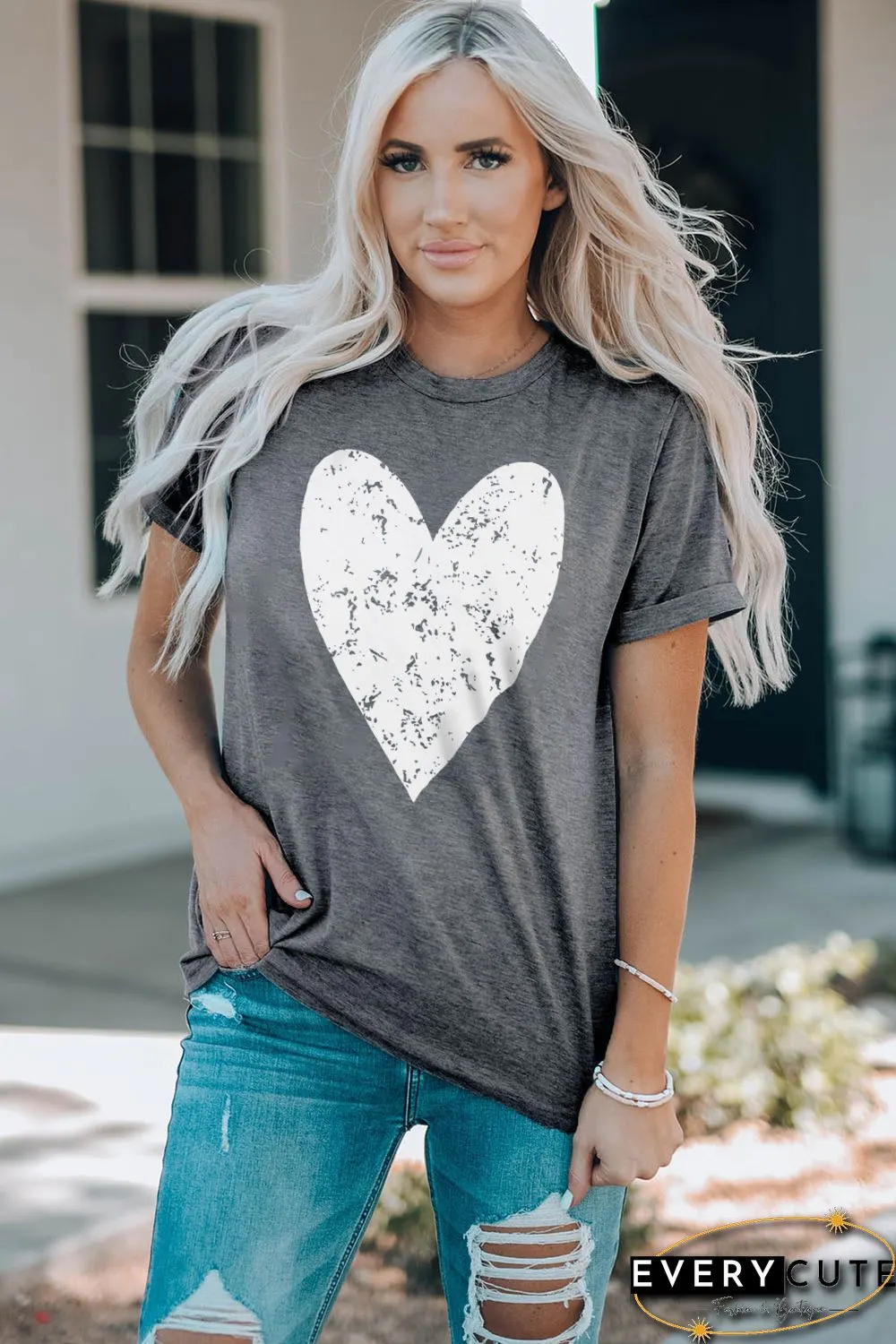 Gray Valentine's Day Large Heart Shape Print Graphic T Shirt