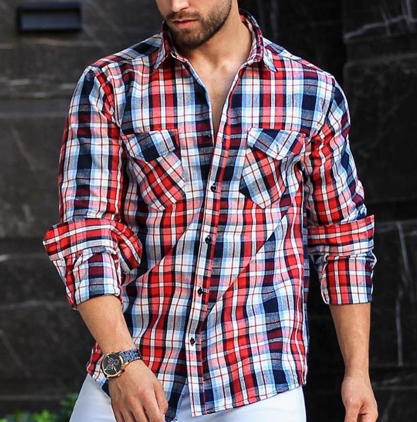 Men's Red Blue Plaid Casual Long Sleeve Shirts-VESSFUL