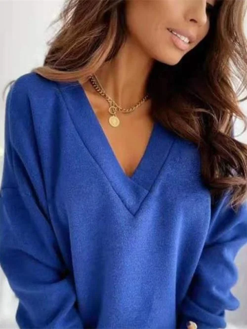 Women Long Sleeve V-neck Button Colorblock Top