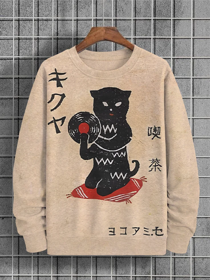 Men's Retro Black Cat Vinyl Record Japanese Art Print Casual Sweatshirt
