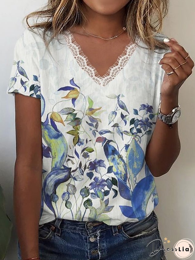 T shirt Tee Pink Blue Green Floral Lace Trims Print Short Sleeve Holiday Weekend Basic V Neck Regular Floral Painting S for Women