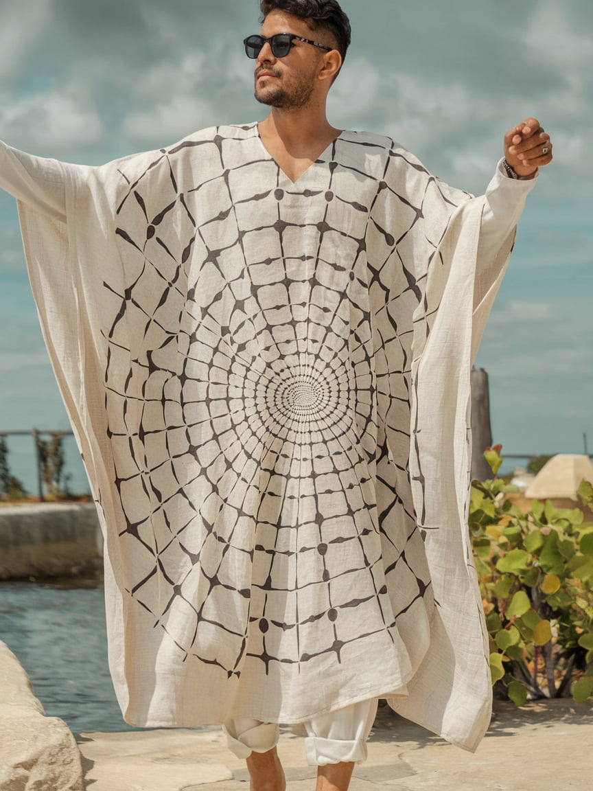 Men's Stripe Printed Linen Long Kaftan