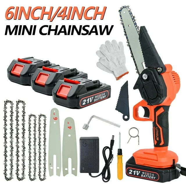 Ziss 4-Inch+6-Inch Mini Chainsaw Kit with 3 Rechargeable Batteries, Portable Electric Cordless Handheld Chain Saw for Tree Branches, Courtyard, Household and Garden
