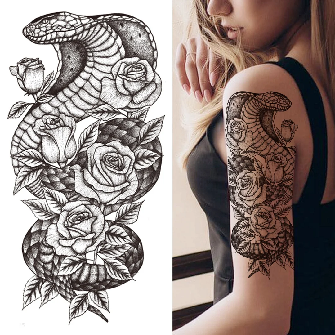 Sexy Rose Lion Flower Temporary Tattoos For Women Men Kids Boys Realistic Fake Wolf Tattoo Sticker Black Cross Compass Tatoos 515-1