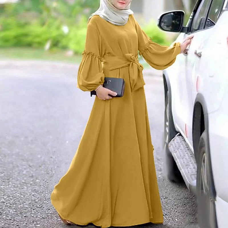 ZANZEA Women Muslim Abaya Dubai Dress Solid Long Sleeve Ruffles Maxi Long Sundress Robe Femme Lace Up Hijab Dress Islamic Kaftan