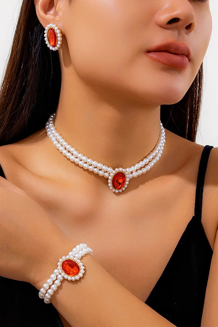 Rhinestone Stud Earrings Layered Pearl Necklace Bracelet 3pcs Jewelry Set