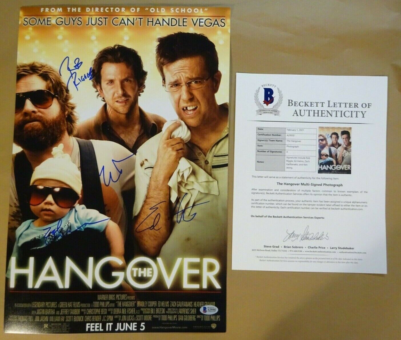 Signed THE HANGOVER Autographed 12x18 Photo Poster painting GALIFIANAKIS HELMS JEONG BECKETT COA