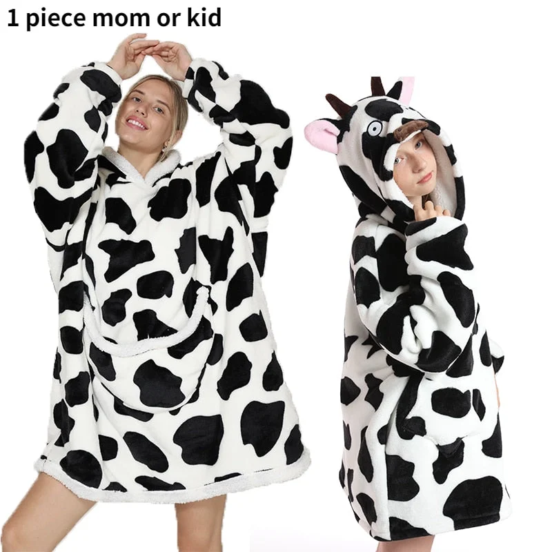 Sherpa Blanket Hoodie Family Oversized Homewear Fleece Warm Thick Girls Sleepwear Cartoon Printed Hoody Sweatshirt TV Blanket