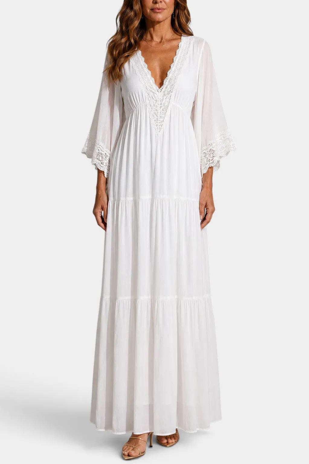V-Neck Lace Maxi Dress with Bell Sleeves