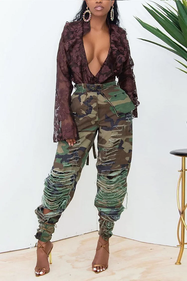 Ripped Camo Print Tied Waist Pocket Casual Pants