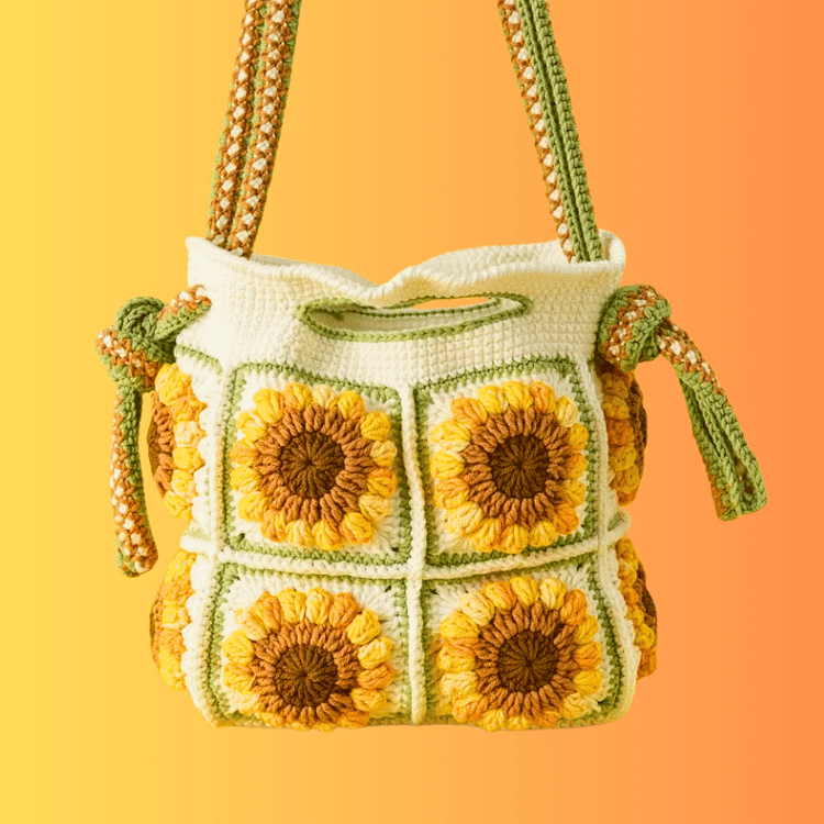Lulusnow Handmade white Green 3D Sunflower Granny Square Bag Crochet Crossbody Bag Mother's Day Gifts