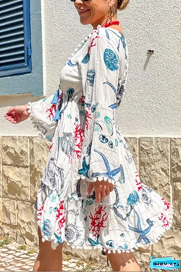 Bell Sleeve V Neck Coral Starfish Short Dress