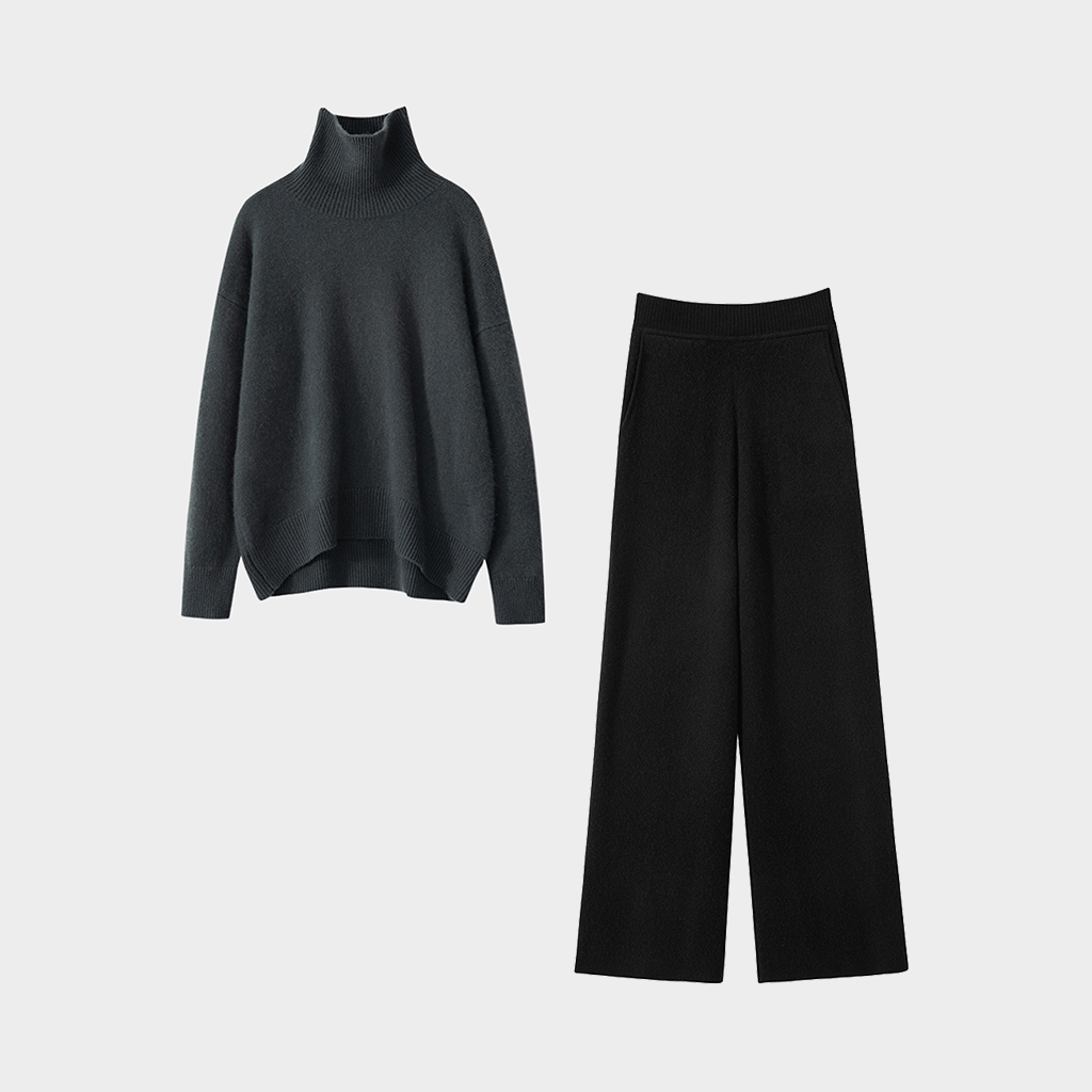 Women's Modern Minimalist Cashmere Turtleneck and Pants Set | Luxurious Pure Cashmere REAL SILK LIFE