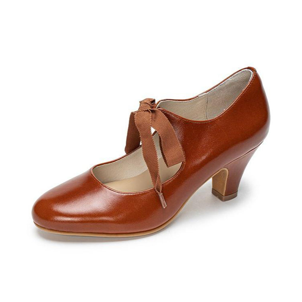 Brown Round Toe Mid Cone Heel Lace-Up Classic Pumps for Women Nicepairs
