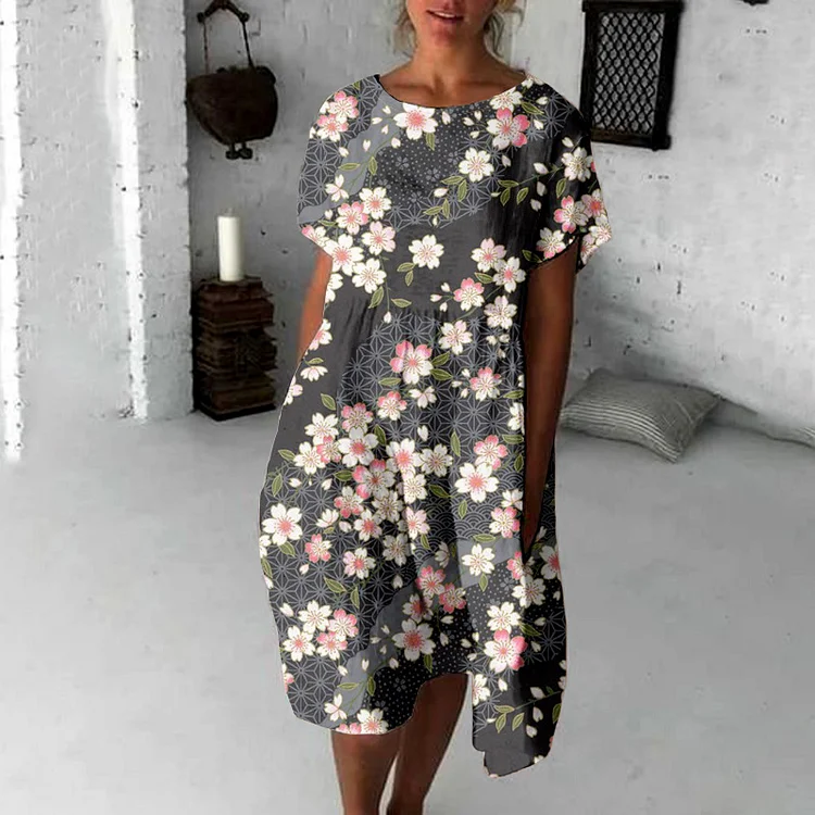 Comstylish Vintage Cherry Blossom Japanese Flowy Midi Dress