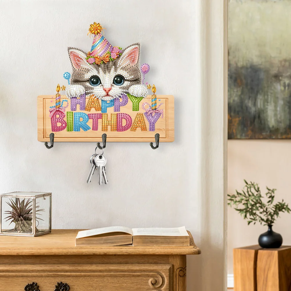 DIY Happy Birthday Cat Wooden Special Shape 3 Hooks No Punch Diamond Painting Hook Rail