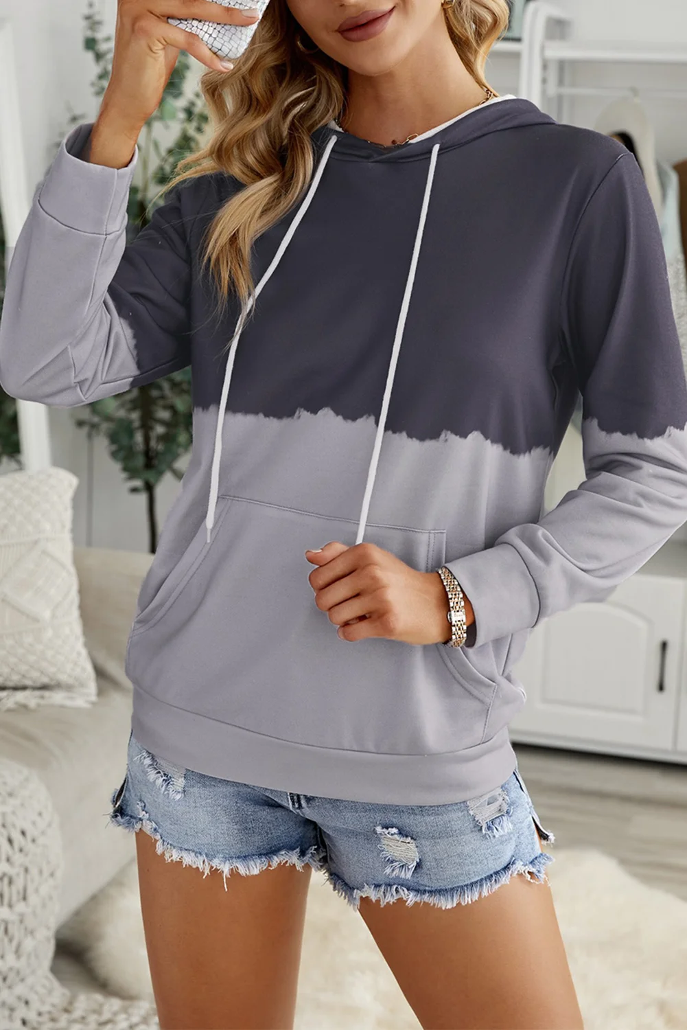 Gray Dip-Dye Colorblock Drawstring Hoodie with Pockets | IFYHOME