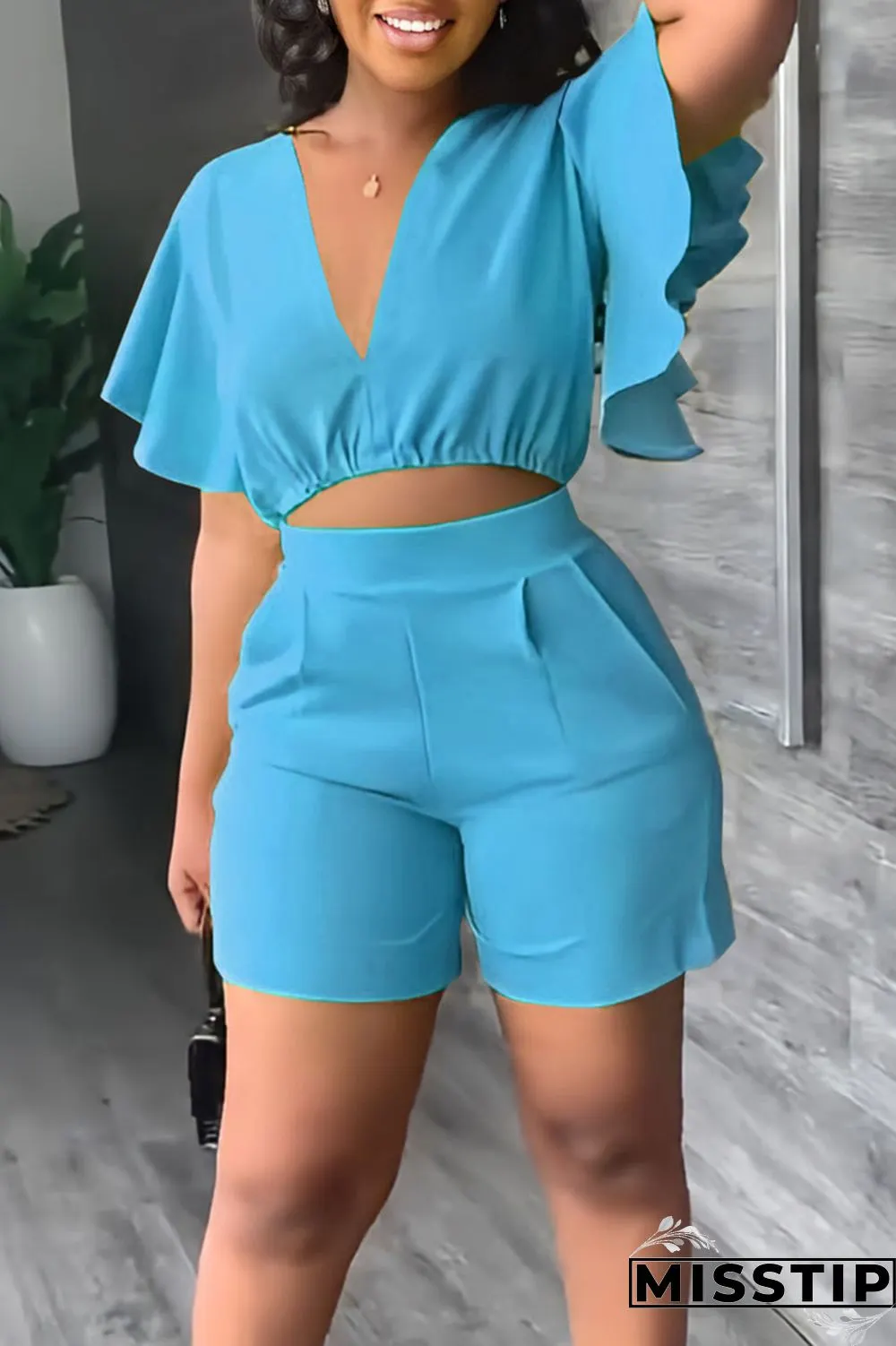 Yellow Casual Solid Patchwork Flounce V Neck Short Sleeve Two Pieces
