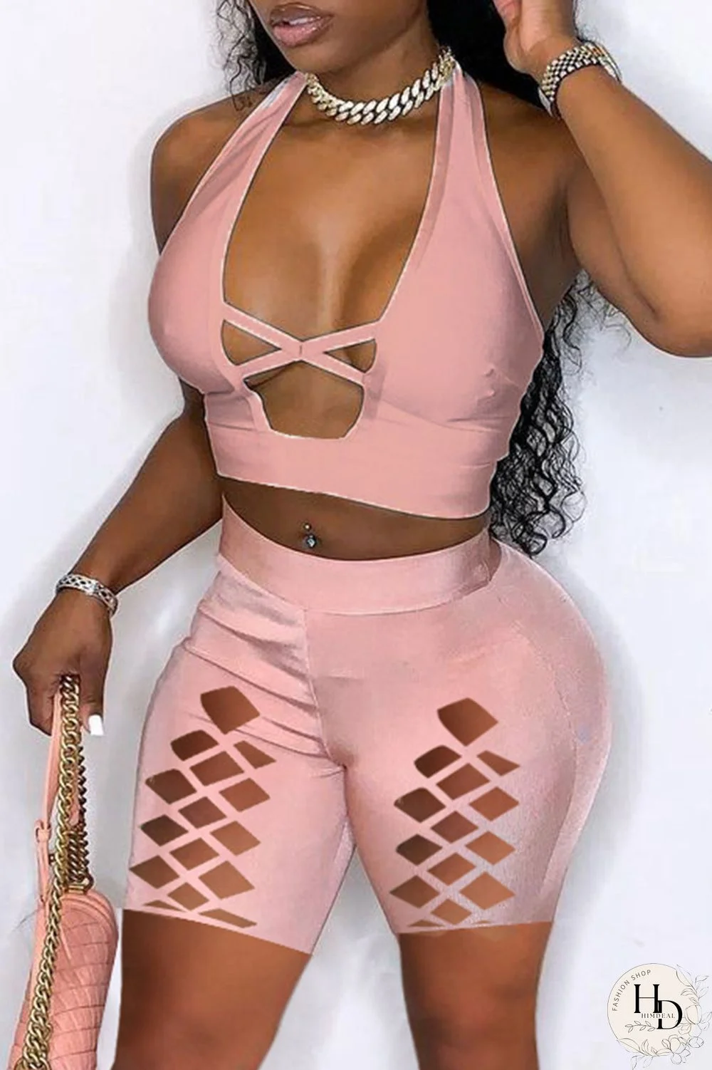 Orange Fashion Sexy Solid Hollowed Out Backless Halter Skinny Two-piece Set