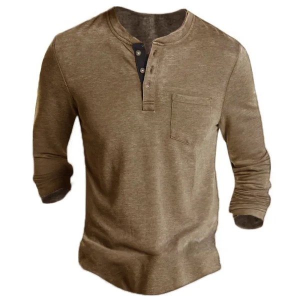 Men's Casual Solid Color Henley Long Sleeve T-Shirt