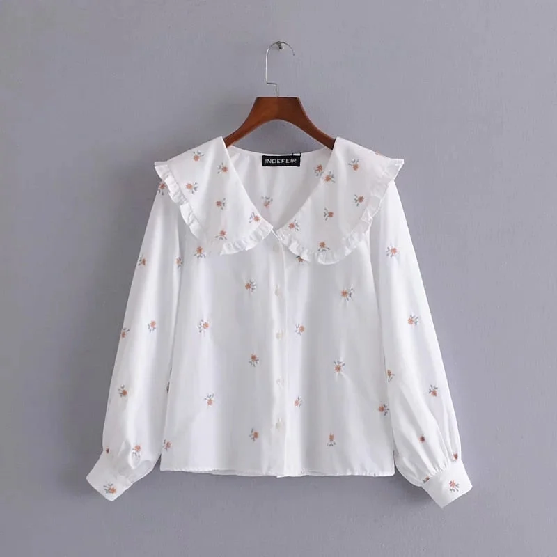 Za Women's Blouses Floral Shirts Embroidery Blusas Mujer White Long Sleeves Cute Peter Pan Collar Blouse Casual Chic Thin Spring