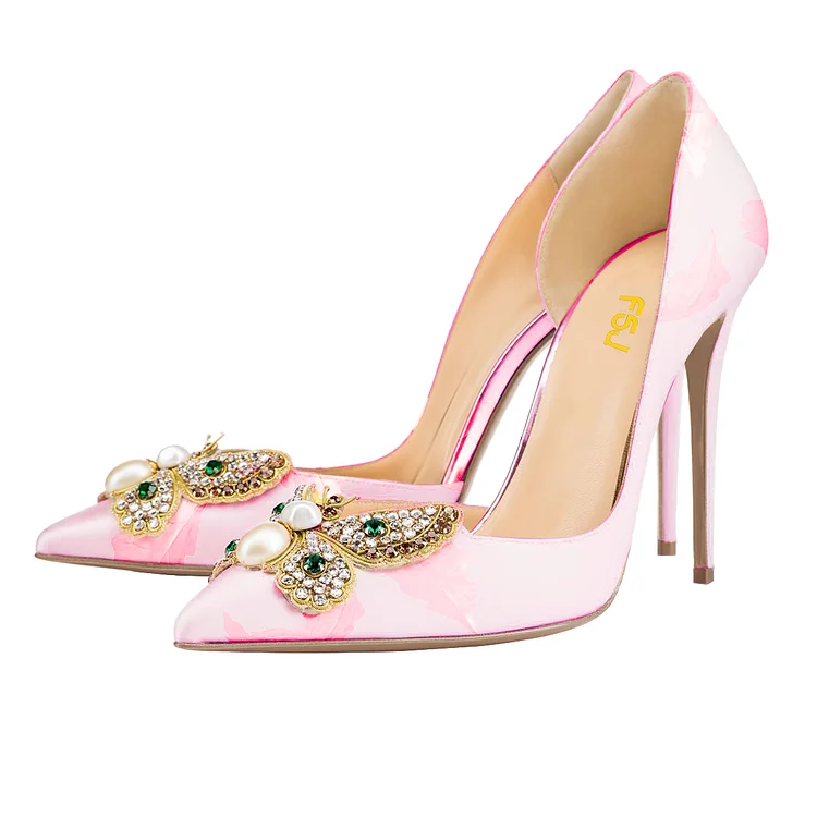 Pink Wedding Heels Satin Rhinestone Pointy Toe D'orsay Pumps |FSJ Shoes