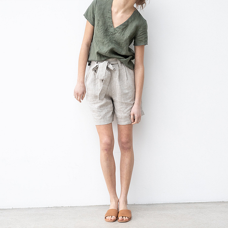 Linen Shorts With Bow Belt-ChouChouHome
