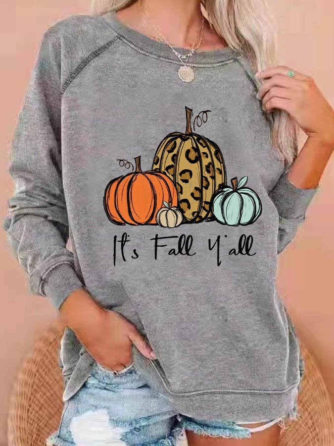 Women's Halloween It's Fall Y'all Pumpkin Print Sweatshirt