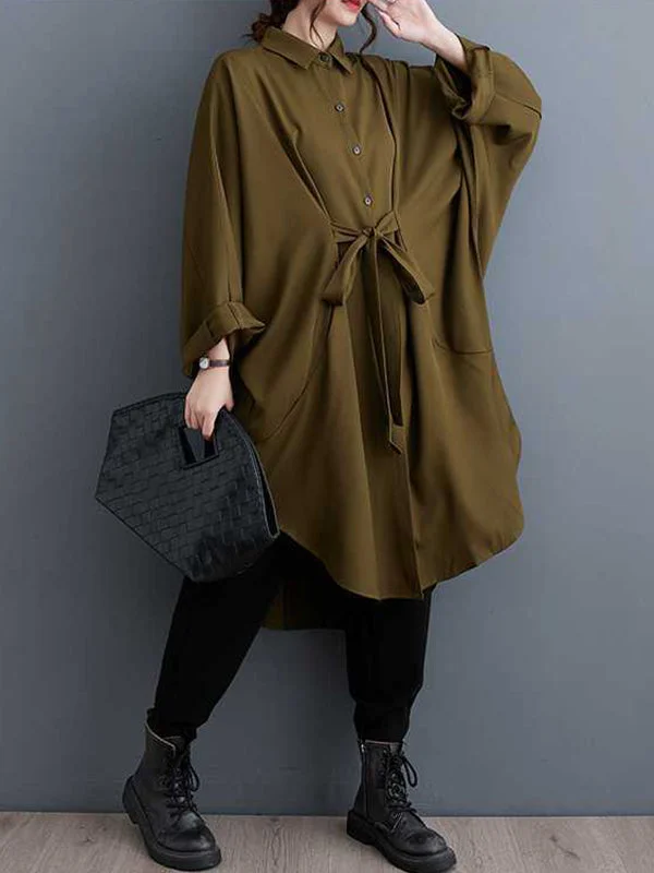 Simple Loose Army Green Lapel Batwing Sleeves Single-breasted Lace-up Shirt Dress