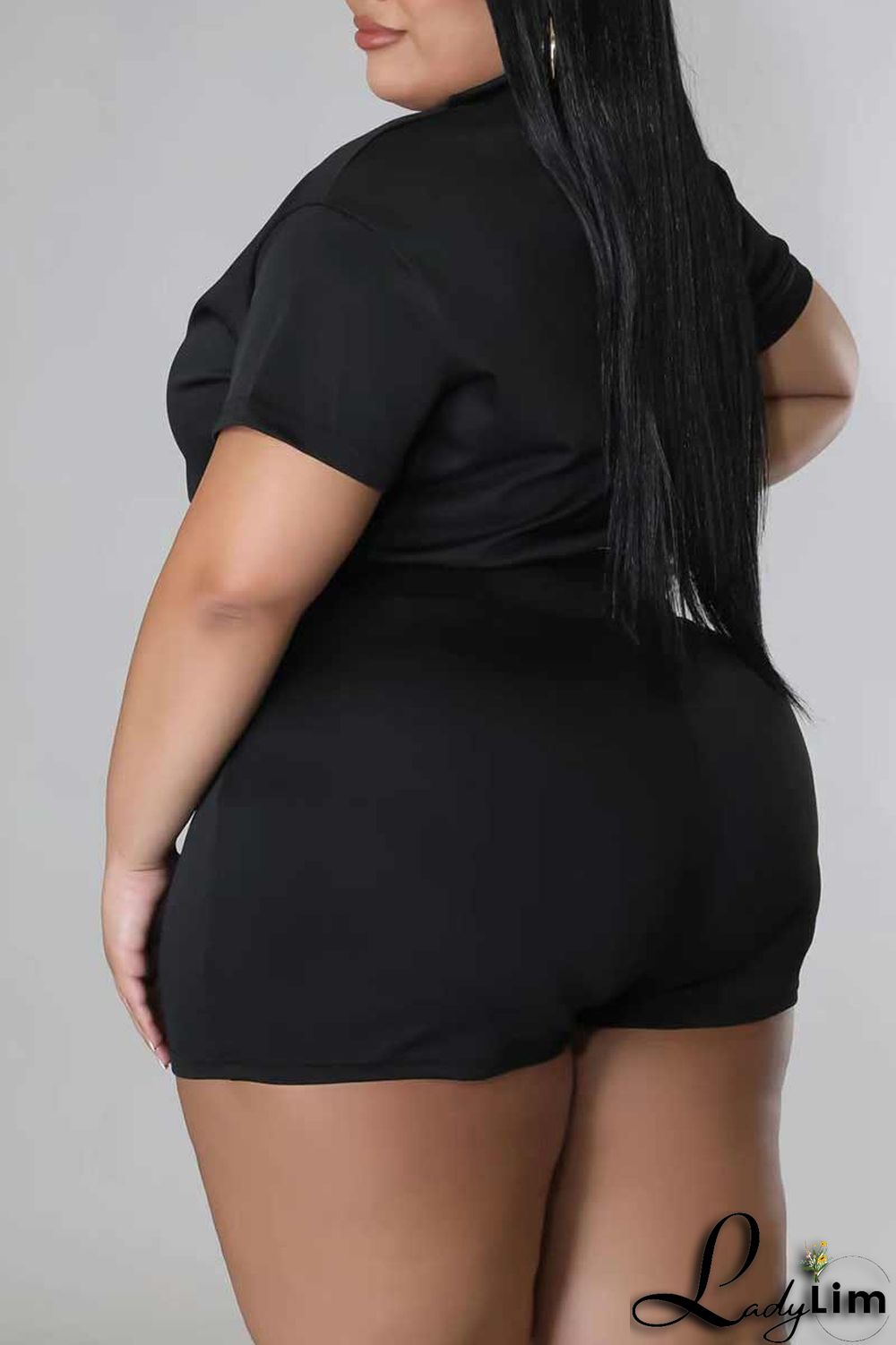 Black Casual Solid Patchwork Zipper Plus Size Two Pieces