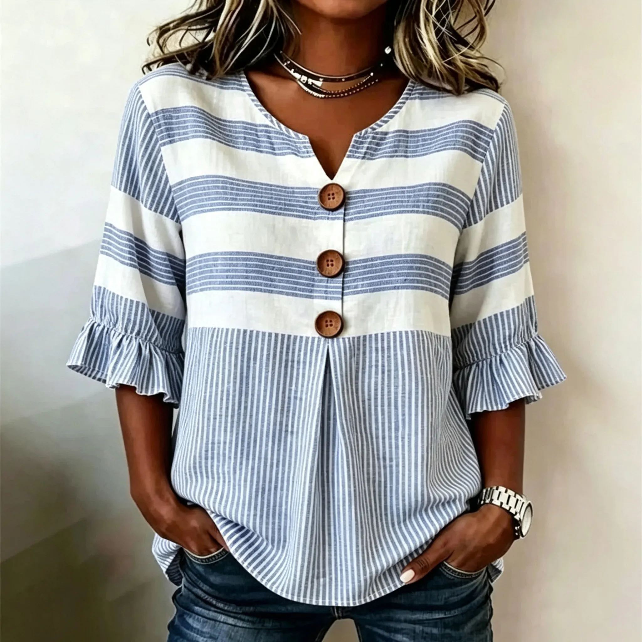 Comstylish Women's Retro Striped Print Casual Top