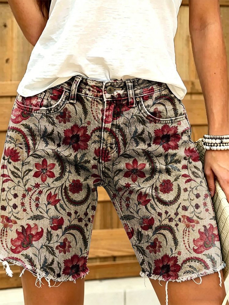 Women's Retro Ethnic Floral Art Print Casual Washed Cotton Denim Shorts