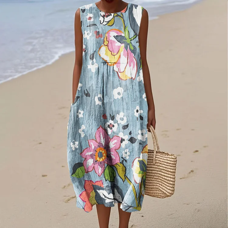 VChics Women's Flower Art Linen Tank Midi Dress