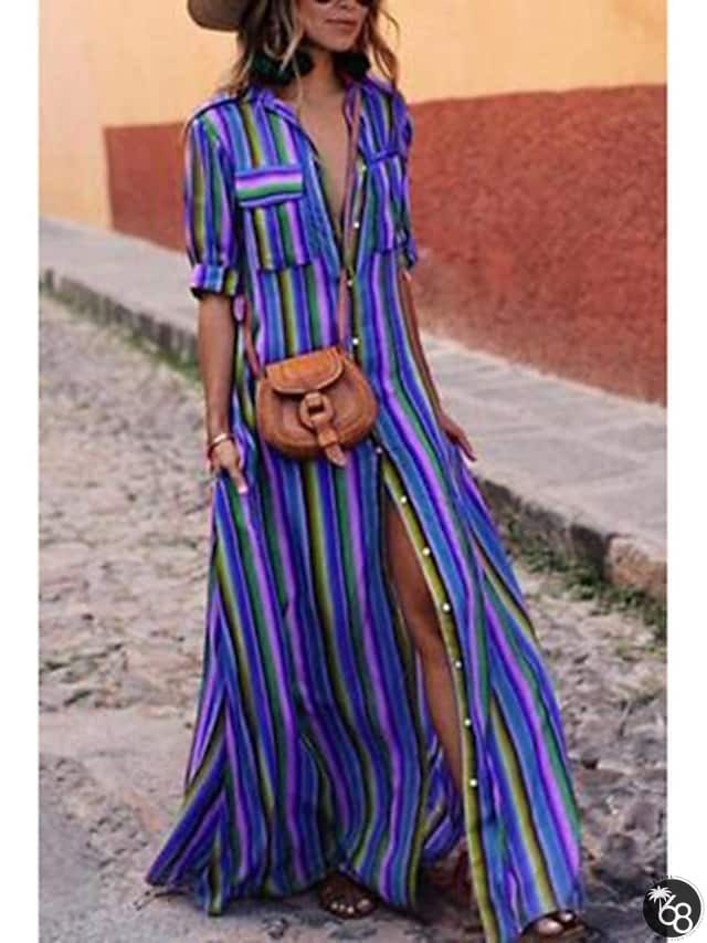 Womens Shirt Dress Tee Long Maxi Seven colors Black Blue Short Sleeve Button Collar XXL | 168DEAL