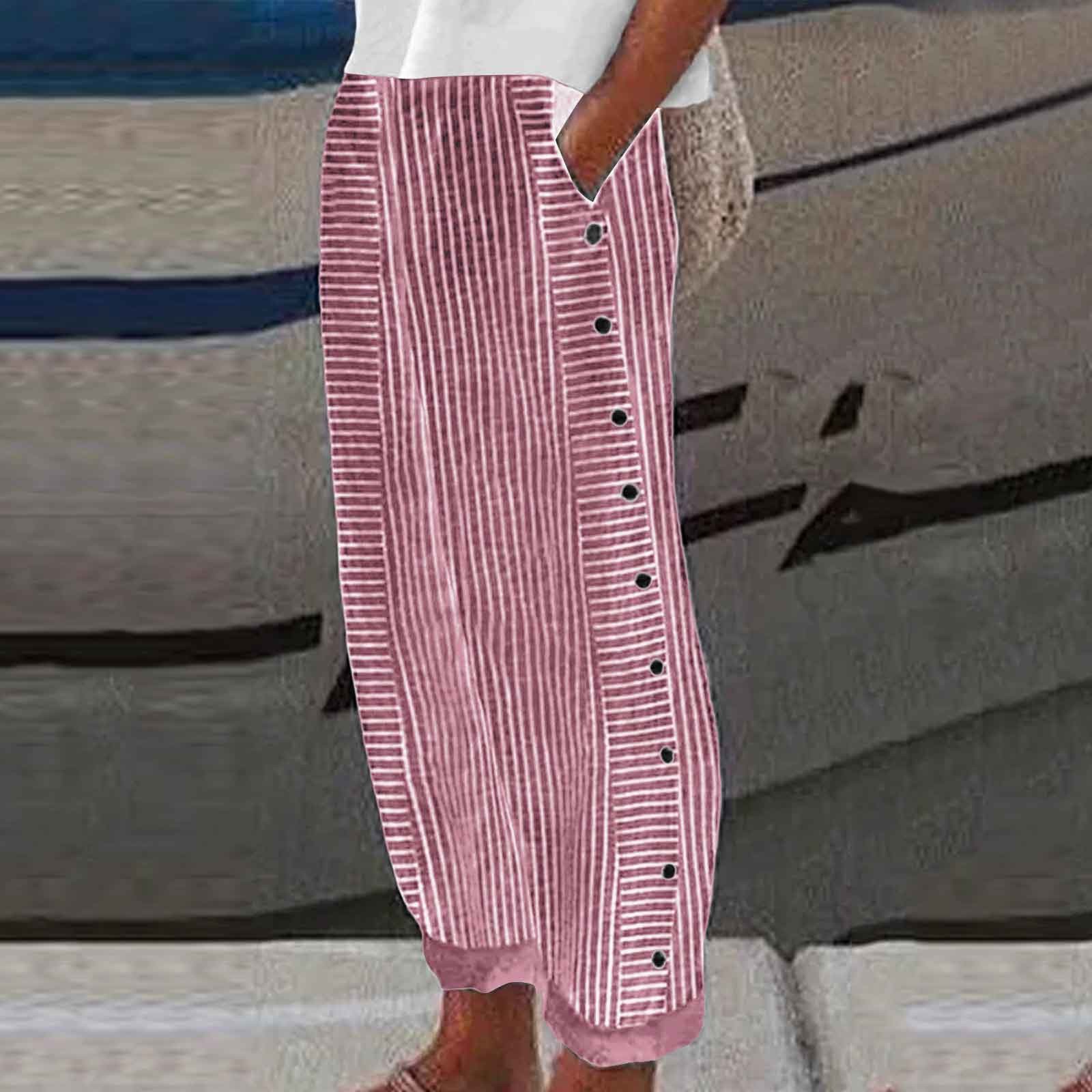 Mayfirstrecord Long Linen Pants Women Women Summer Fashion Striped Print Button Casual Versatile Loose High Waist Yoga Dress Pants For Women