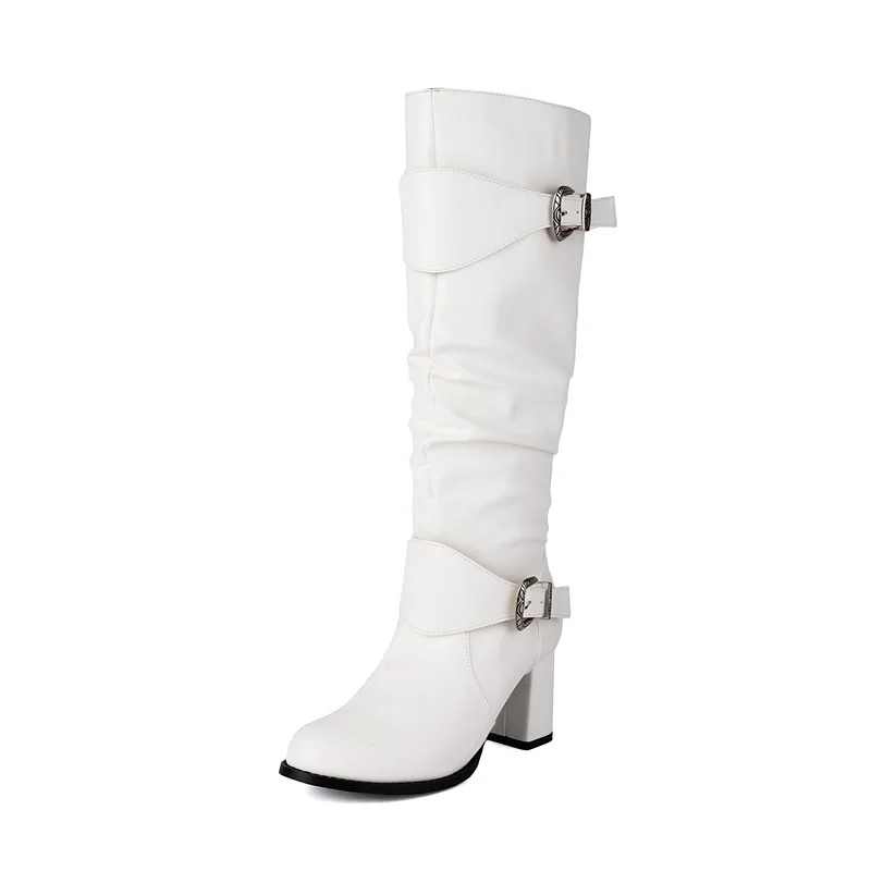 Women's 75mm High Heels Elegant Faux Leather Buckle Zipper High Knee Boots