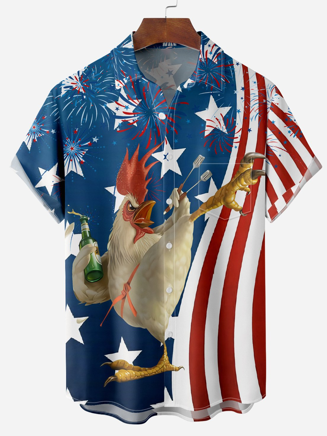 Men's Fun Kung Fu Chicken Flag Short Sleeve Shirt PLUSCLOTHESMAN