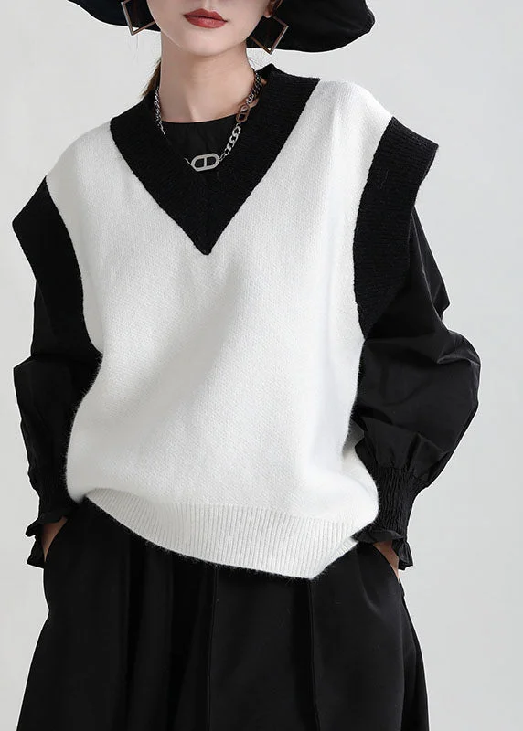 Casual White V Neck Patchwork Thick Knit Vest Tops Winter