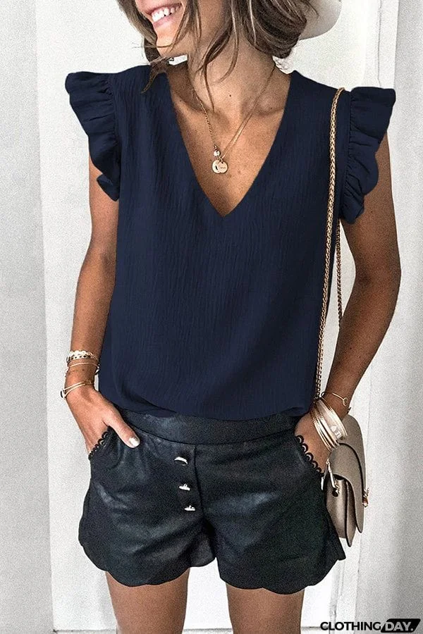 Casual T-shirt Solid V-neck Pullover Ruffle Sleeve Top