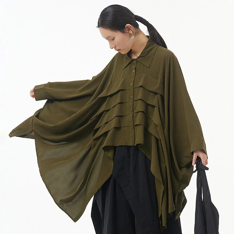 Urban Loose Solid Color Lapel Single-breasted Pleated Batwing Sleeve Shirt      
