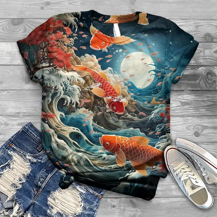Sakura Koi Wave Japanese Print T-shirt