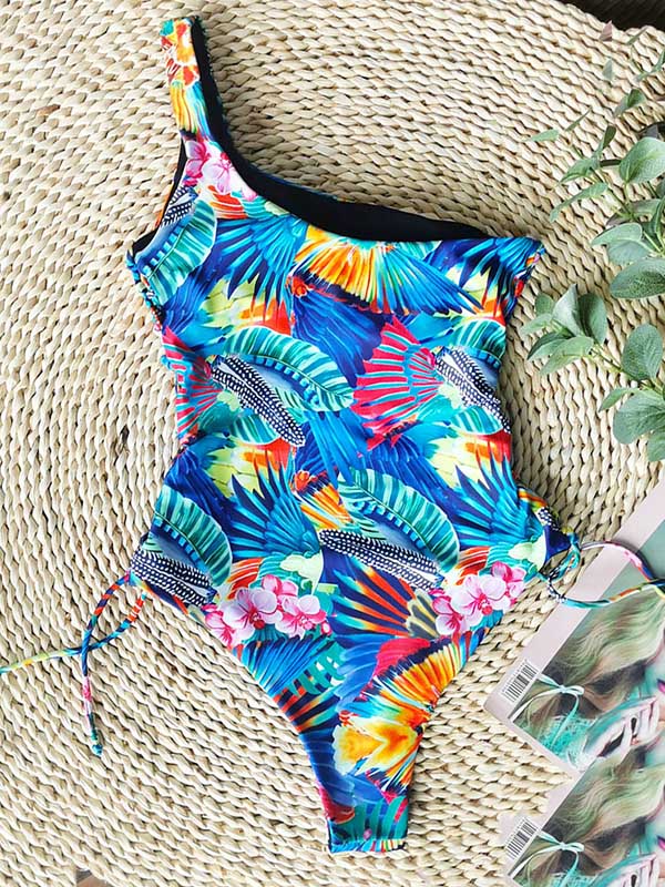 One Shoulder Floral Print Bandage One Piece Swimwear