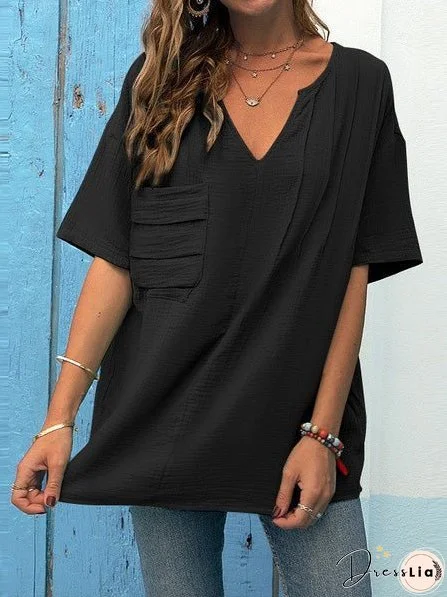 T-Shirts Loose V-Neck Pocket Short Sleeve T-Shirt for Women