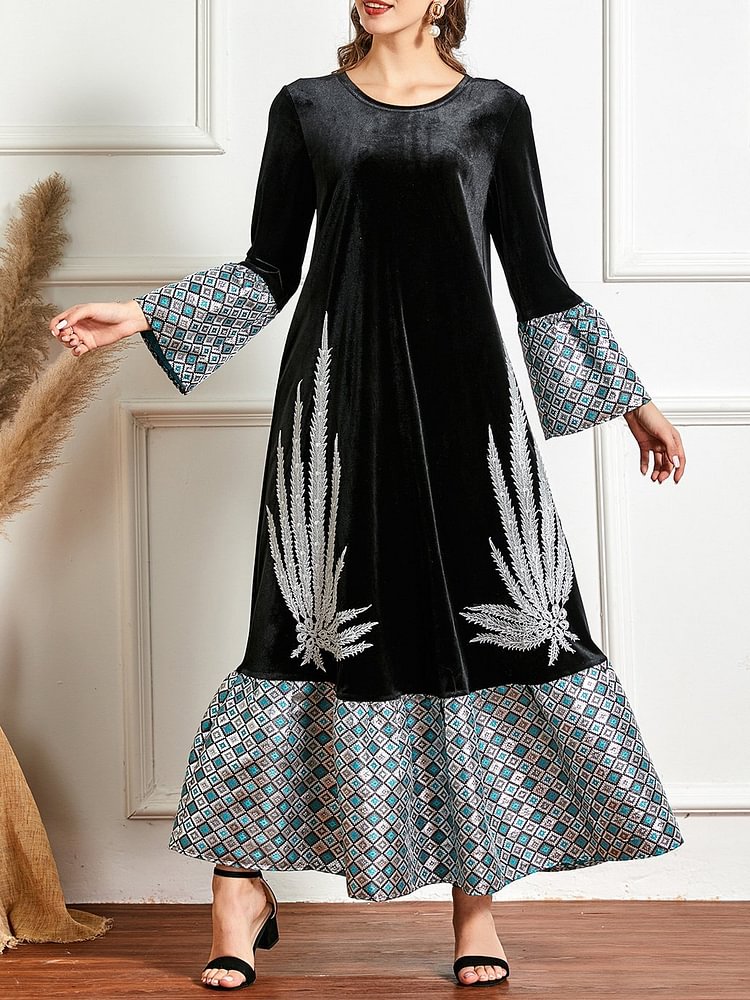 Plant embroidered Muslim velvet dress